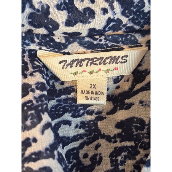 Tantrums Women’s Blouse Top Size 2X Dark Blue & White Buttons Ties Semi Sheer - Picture 8 of 10